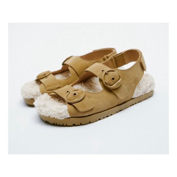 NWT Zara Leather Shearling Buckle Sling Back Flat Sandal Slipper Brown Cream 39 - Picture 1 of 8